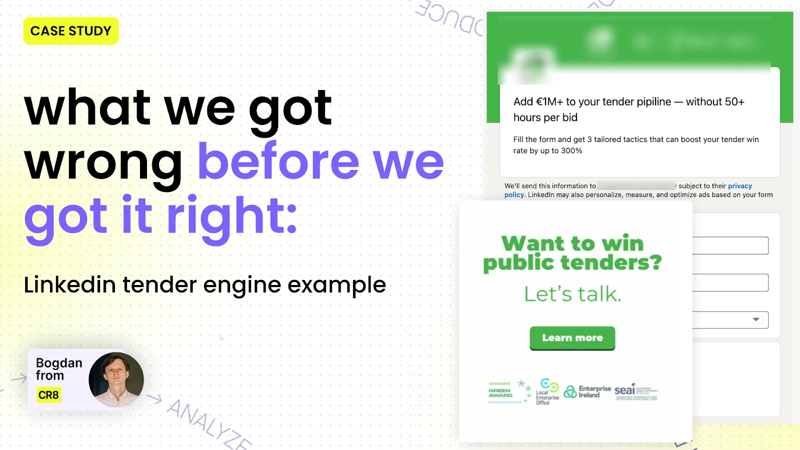 case study cover: the linkedin tender engine, showing the live lead gen form and the ad creative that ran